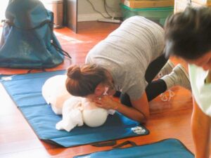 Practicing CPR on a mannequin